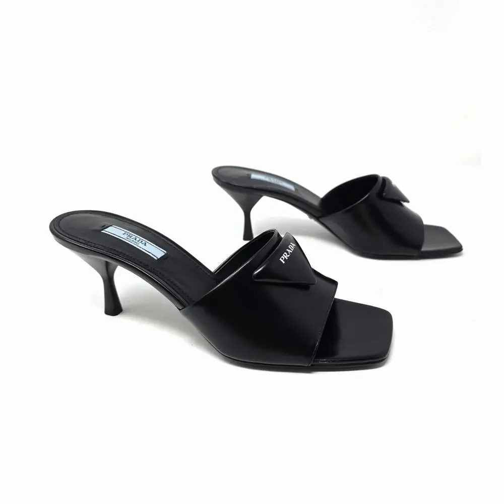 Prada Black Leather Triangle Logo Mule Slide Sandals Square Open Toe Heels 39 9